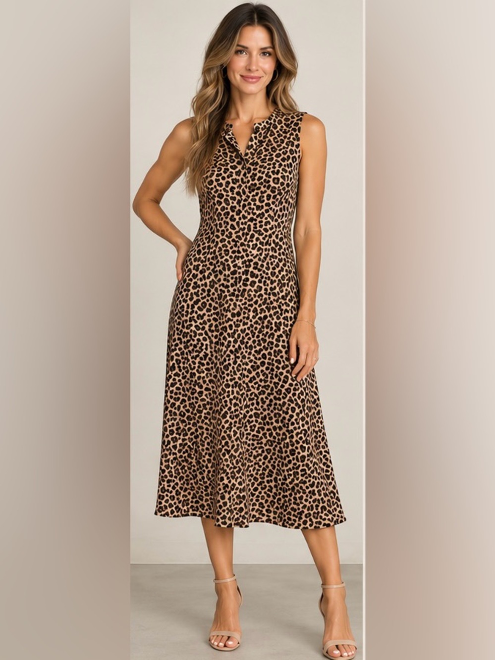 ST. JOHN 100% Silk Leopard Print Sleeveless Hidden Placket Midi Shirtdress 8